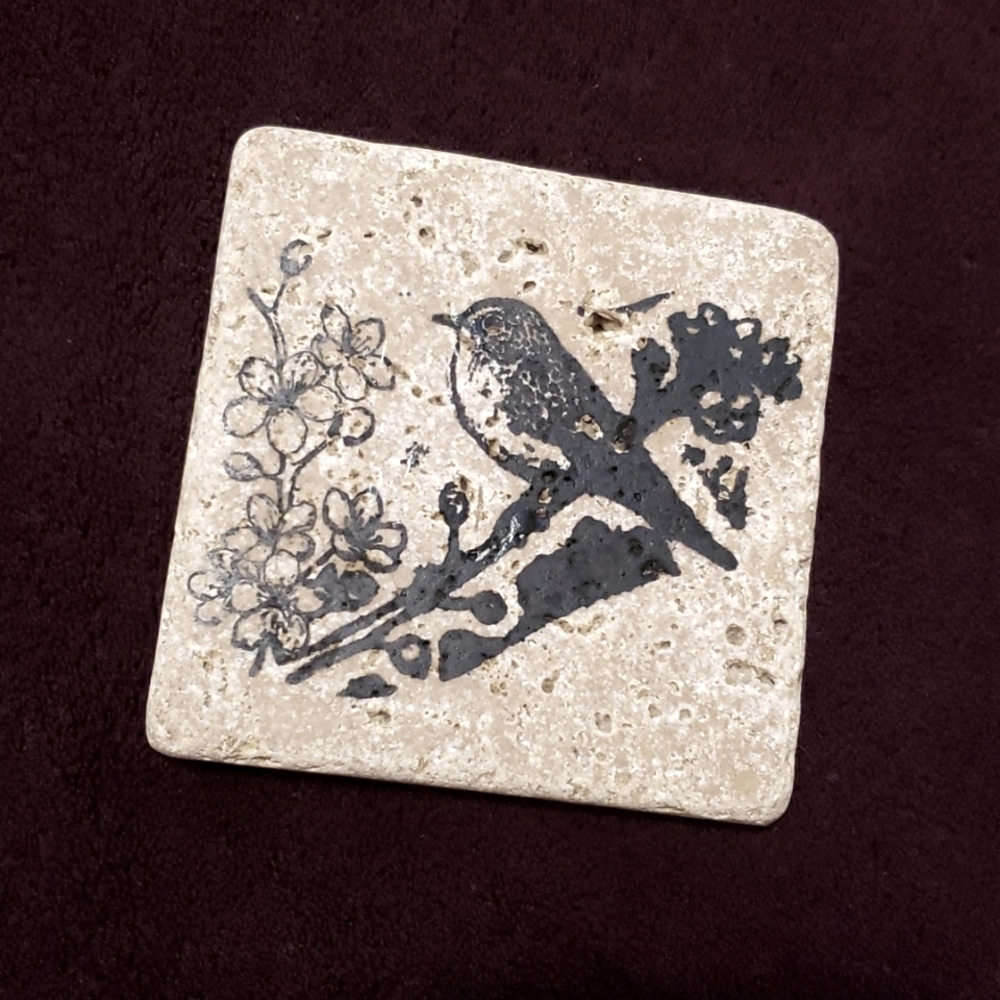 🔴 🆓️ FREE* Handmade Decorative Stone Drink Coaster w/ Bird & Flowers 🔴